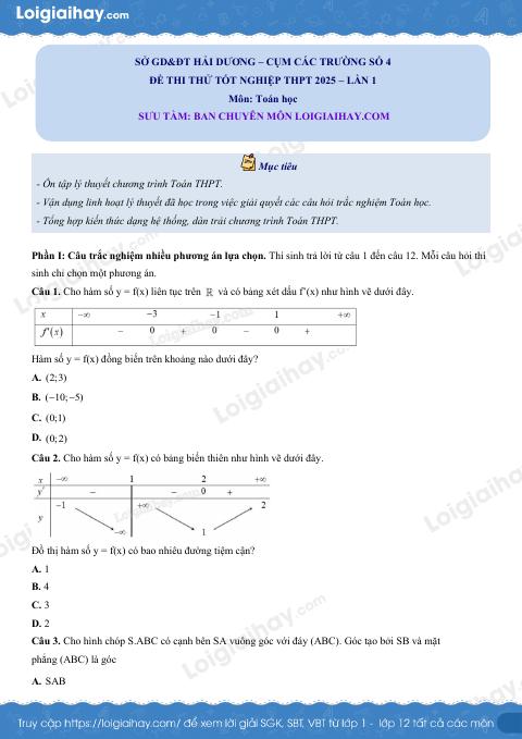 Đề thi thử Toán THPT lần 1 năm 2025 cụm các trường số 4 - Hải Dương